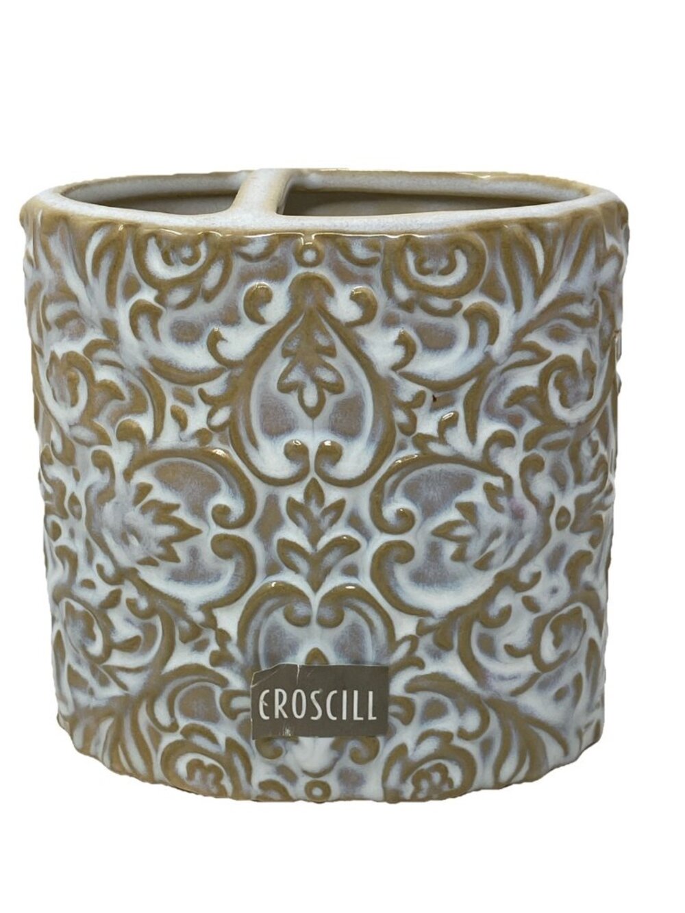Croscill Ceramic Toothbrush Holder Embossed Beige Tan Damask Elegant Swirls NEW